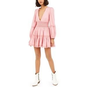 NEW Free People The Delightful Mini Dress in Pink Long Sleeve Boho Festival Sz 0
